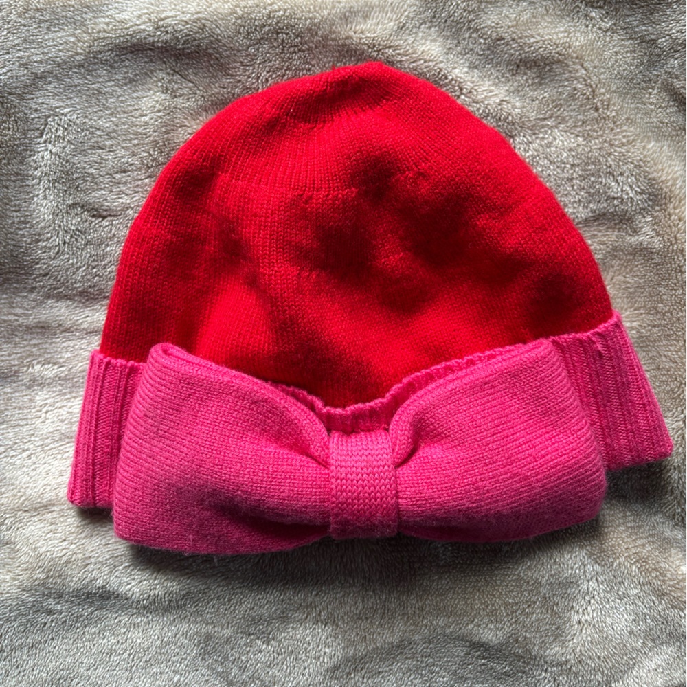 Kate Spade New York Red Pink Bow 100% Wool Hat Cute